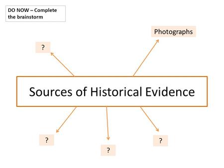 Sources of Historical Evidence DO NOW – Complete the brainstorm Photographs ? ? ? ?