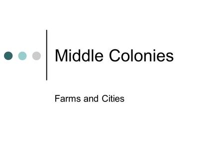 Middle Colonies Farms and Cities. Wealth of Resources Immigrants were Dutch and German farmers- skills and knowledge would result in abundance of food.