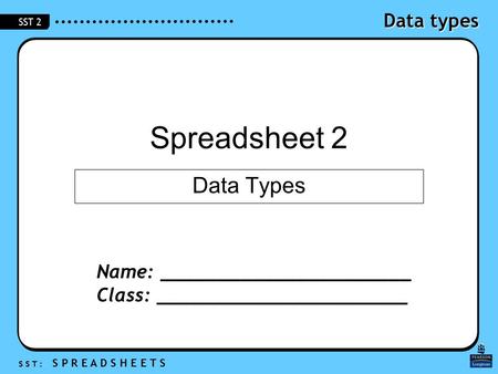 Data types S S T : S P R E A D S H E E T S SST 2 Spreadsheet 2 Data Types Name: ______________________ Class: ______________________.