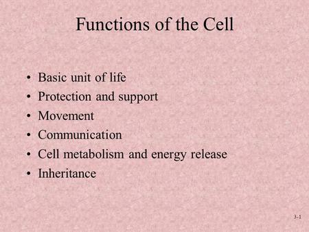 Functions of the Cell Basic unit of life Protection and support