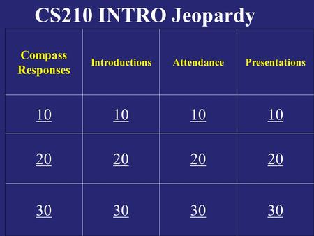 CS210 INTRO Jeopardy Compass Responses IntroductionsAttendancePresentations 10 20 30.