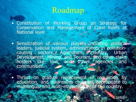 Roadmap Constitution of Working Group on Strategy for Conservation and Management of Coral Reefs at National level Sensitization of various players including.