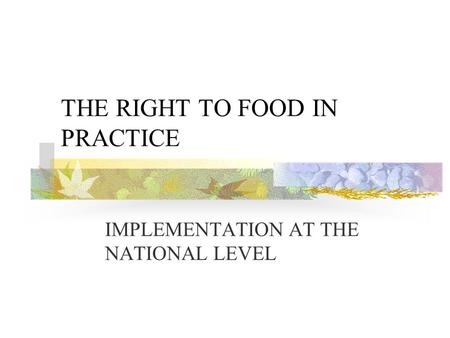 THE RIGHT TO FOOD IN PRACTICE IMPLEMENTATION AT THE NATIONAL LEVEL.