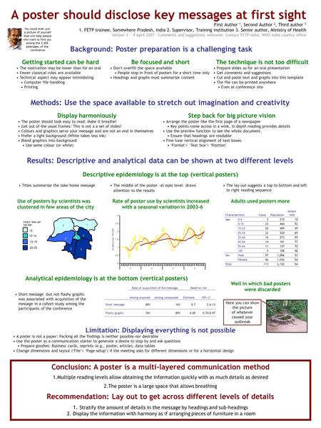 A poster should disclose key messages at first sight First Author 1, Second Author 2, Third author 3 1. FETP trainee, Somewhere Pradesh, India 2. Supervisor,