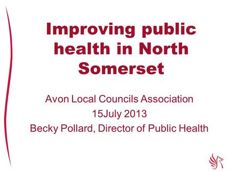 Improving public health in North Somerset Avon Local Councils Association 15July 2013 Becky Pollard, Director of Public Health.