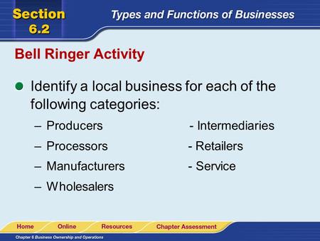 Identify a local business for each of the following categories: