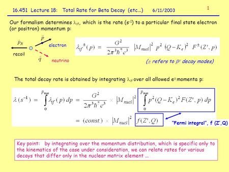 Lecture 18: Total Rate for Beta Decay (etc...) 6/11/2003