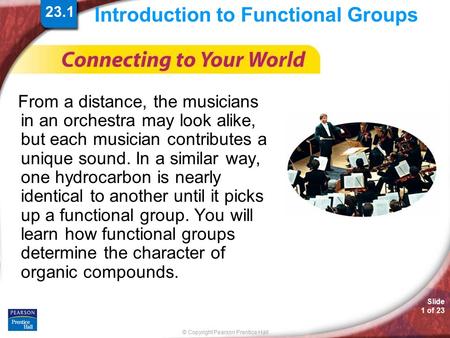 © Copyright Pearson Prentice Hall Slide 1 of 23 Introduction to Functional Groups From a distance, the musicians in an orchestra may look alike, but each.