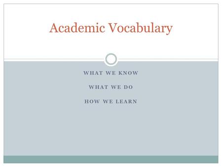 WHAT WE KNOW WHAT WE DO HOW WE LEARN Academic Vocabulary.