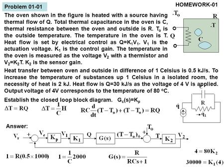 O o Problem 01-01 HOMEWORK-01 Establish the closed loop block diagram. G c (s)=K p Answer: The oven shown in the figure is heated with a source having.