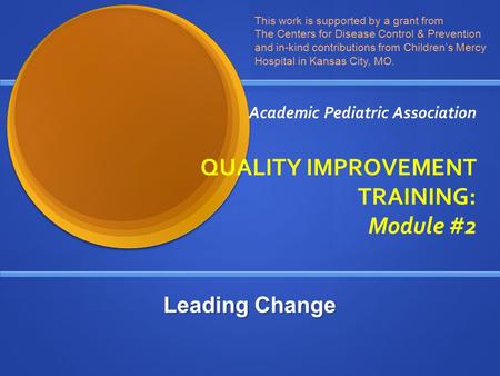 Academic Pediatric Association QUALITY IMPROVEMENT TRAINING: Module #2 This work is supported by a grant from The Centers for Disease Control & Prevention.