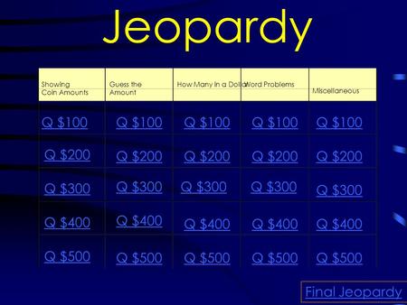 Jeopardy Showing Coin Amounts Guess the Amount How Many in a DollarWord Problems Miscellaneous Q $100 Q $200 Q $300 Q $400 Q $500 Q $100 Q $200 Q $300.