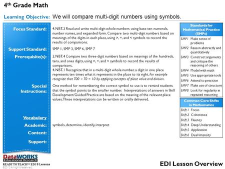 READY TO TEACH SM EDI ® Lessons ©2013 All rights reserved. EDI Lesson Overview 4 th Grade Math Learning Objective: We will compare multi-digit numbers.