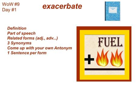 exacerbate WoW #9 Day #1 Definition Part of speech