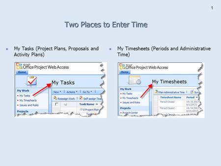 1 Two Places to Enter Time My Tasks (Project Plans, Proposals and Activity Plans) My Timesheets (Periods and Administrative Time)