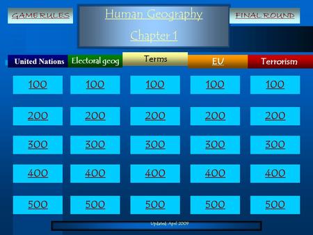 Updated: April 2009 Human Geography Chapter 1 United Nations Terrorism Terms EU Electoral geog 100 200 300 400 500 100 200 300 400 500 GAME RULESFINAL.