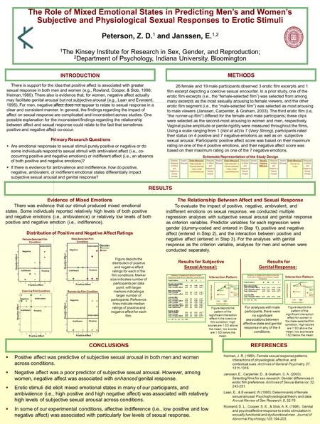 The Role of Mixed Emotional States in Predicting Men’s and Women’s Subjective and Physiological Sexual Responses to Erotic Stimuli Peterson, Z. D. 1 and.