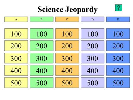 Science Jeopardy 100 200 300 400 500 100 200 300 400 500 100 200 300 400 500 100 200 300 400 500 100 200 300 400 500 ABCDE.