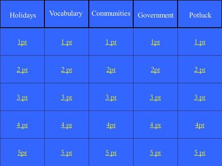 2 pt 3 pt 4 pt 5pt 1 pt 2 pt 3 pt 4 pt 5 pt 1 pt 2pt 3 pt 4pt 5 pt 1pt 2pt 3 pt 4 pt 5 pt 1 pt 2 pt 3 pt 4pt 5 pt 1pt Holidays VocabularyCommunities GovernmentPotluck.