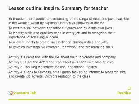 Lesson outline: Inspire. Summary for teacher To broaden the students understanding of the range of roles and jobs available in the working world by exploring.