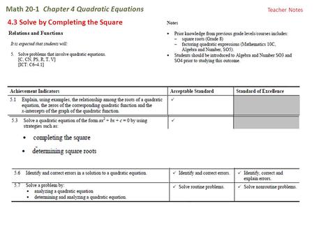 Math 20-1 Chapter 4 Quadratic Equations