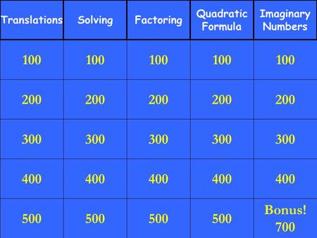 200 300 400 500 100 200 300 400 500 100 200 300 400 500 100 200 300 400 500 100 200 300 400 Bonus! 700 100 TranslationsSolvingFactoring Quadratic Formula.