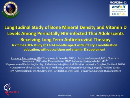 Www.ias2013.org Kuala Lumpur, Malaysia, 30 June - 3 July 2013 Longitudinal Study of Bone Mineral Density and Vitamin D Levels Among Perinatally HIV-infected.