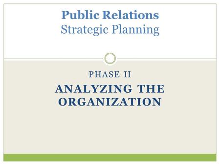 Public Relations Strategic Planning PHASE II ANALYZING THE ORGANIZATION.