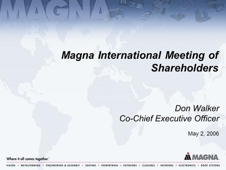 May 2, 2006 Don Walker Co-Chief Executive Officer Magna International Meeting of Shareholders.