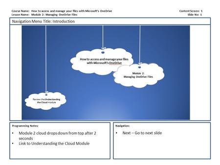 Course Name: How to access and manage your files with Microsoft’s OneDrive Content Screen: 1 Lesson Name: Module 2: Managing OneDrive Files Slide No: 1.