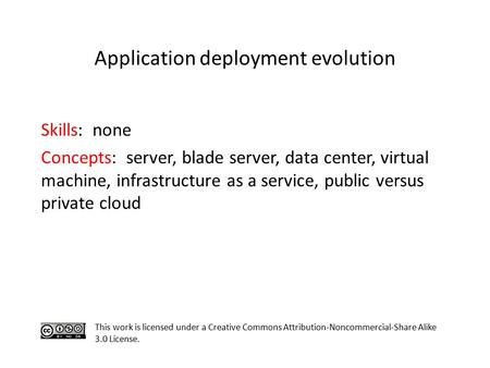 Skills: none Concepts: server, blade server, data center, virtual machine, infrastructure as a service, public versus private cloud This work is licensed.