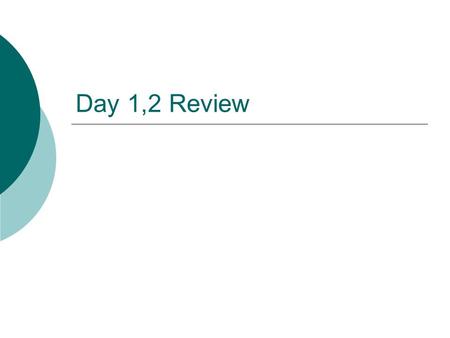 Day 1,2 Review. Review: Parts of a Computer CPU (Processor) Main Memory (RAM) External Memory (ROM) -Hard Drive-Floppy-USB Drive I/O Devices -Keyboard-Monitor-Printer-Speakers.