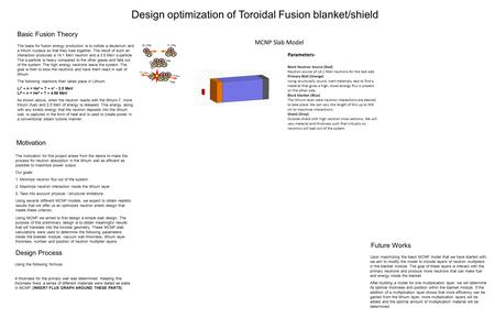 Design optimization of Toroidal Fusion blanket/shield Basic Fusion Theory The basis for fusion energy production is to collide a deuterium and a tritium.