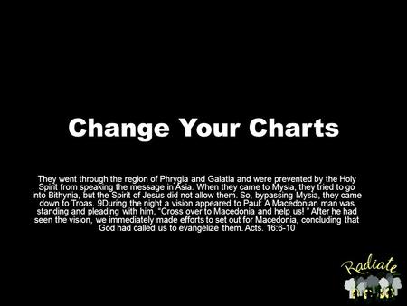 Change Your Charts They went through the region of Phrygia and Galatia and were prevented by the Holy Spirit from speaking the message in Asia. When they.