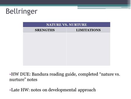 Bellringer HW DUE: Bandura reading guide, completed “nature vs. nurture” notes Late HW: notes on developmental approach NATURE VS. NURTURE SRENGTHSLIMITATIONS.