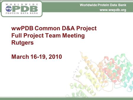 Worldwide Protein Data Bank www.wwpdb.org wwPDB Common D&A Project Full Project Team Meeting Rutgers March 16-19, 2010.