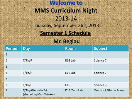 Welcome to Welcome to MMS Curriculum Night 2013-14 Thursday, September 26 th, 2013 Semester 1 Schedule Mr. Beglau PeriodDayRoomSubject 1 2T/Th/FE16 LabScience.