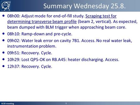 ● 08h00: Adjust mode for end-of-fill study. Scraping test for determining transverse beam profile (beam 2, vertical). As expected, beam dumped with BLM.