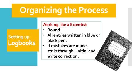 Setting up Logbooks Working like a Scientist Bound All entries written in blue or black pen. If mistakes are made, strikethrough, initial and write correction.