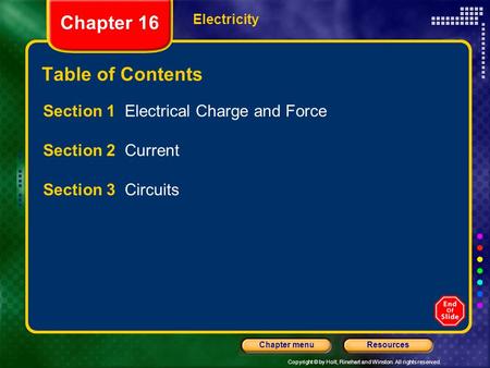 Copyright © by Holt, Rinehart and Winston. All rights reserved. ResourcesChapter menu Electricity Chapter 16 Table of Contents Section 1 Electrical Charge.