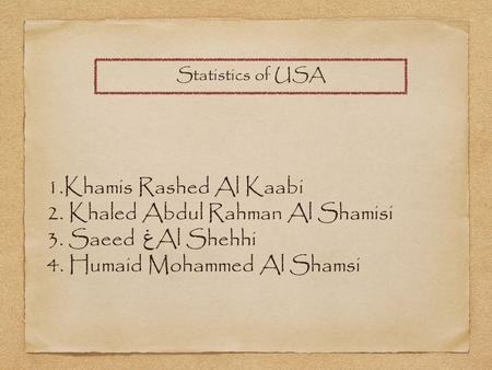 1.Khamis Rashed Al Kaabi 2. Khaled Abdul Rahman Al Shamisi 3. Saeed غ Al Shehhi 4. Humaid Mohammed Al Shamsi Statistics of USA.