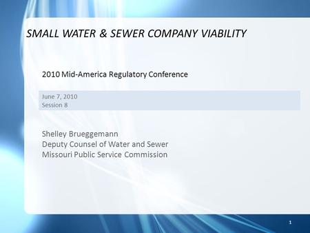 1 SMALL WATER & SEWER COMPANY VIABILITY 2010 Mid-America Regulatory Conference June 7, 2010 Session 8 Shelley Brueggemann Deputy Counsel of Water and Sewer.