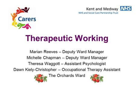 Therapeutic Working Marian Reeves – Deputy Ward Manager Michelle Chapman – Deputy Ward Manager Theresa Waggott – Assistant Psychologist Dawn Kiely-Christopher.