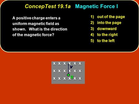 ConcepTest 19.1a Magnetic Force I 1) out of the page 2) into the page 3) downward 4) to the right 5) to the left A positive charge enters a uniform magnetic.