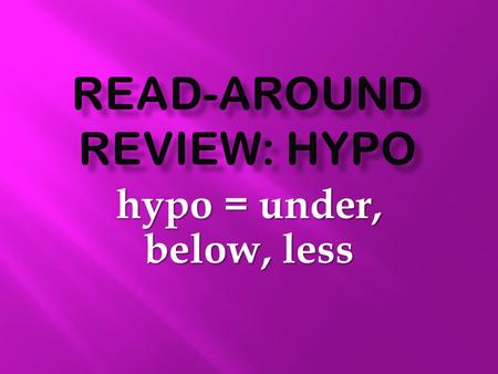 Hypo = under, below, less.  What is the prefix that means under, below or less?