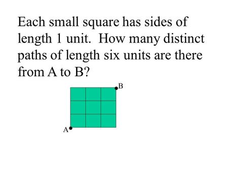 Each small square has sides of length 1 unit. How many distinct paths of length six units are there from A to B? A B..