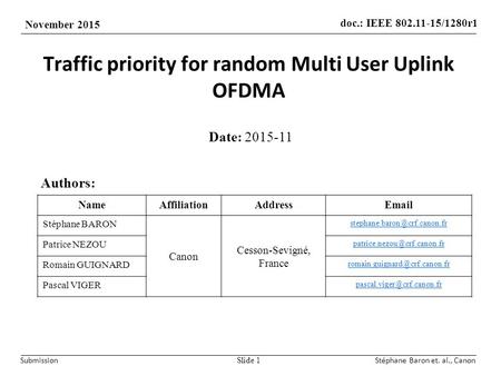 Doc.: IEEE 802.11-15/1280r1 November 2015 SubmissionStéphane Baron et. al., Canon Traffic priority for random Multi User Uplink OFDMA Date: 2015-11 Slide.