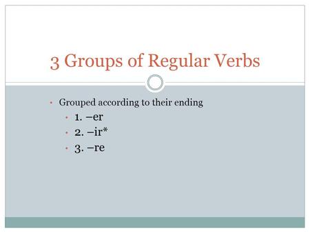 Grouped according to their ending 1. –er 2. –ir* 3. –re 3 Groups of Regular Verbs.