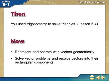 Then/Now You used trigonometry to solve triangles. (Lesson 5-4) Represent and operate with vectors geometrically. Solve vector problems and resolve vectors.