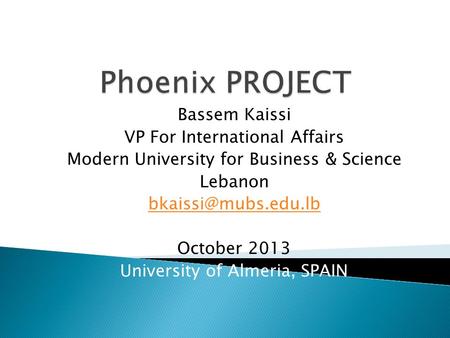 Bassem Kaissi VP For International Affairs Modern University for Business & Science Lebanon October 2013 University of Almeria, SPAIN.